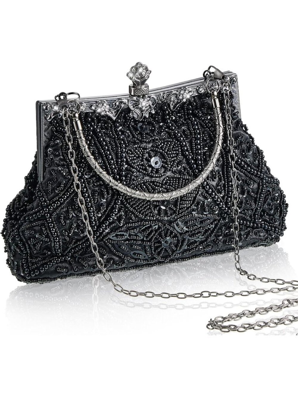 Womens Black Beaded Rhinestone 1920s Flapper Kiss Lock Frame Evening Bag Clutch